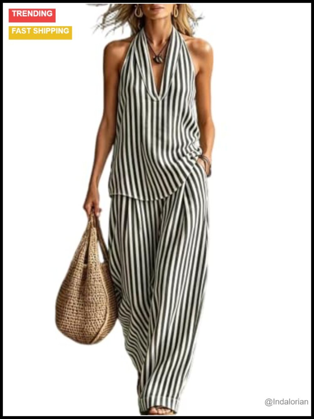 Striped Cotton Halter V Neck Top & Wide Leg Pants Set with Pockets
